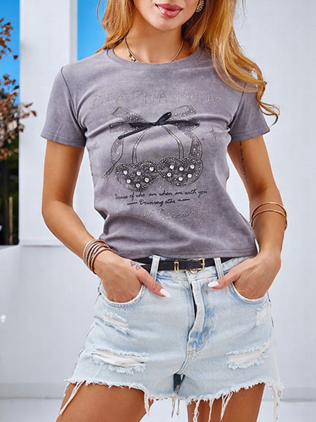 Royalfashion Women's cotton t-shirt with rhinestones and a bow