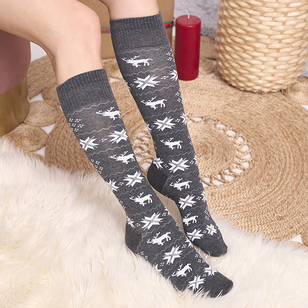 Women's dark gray long Christmas socks - Underwear