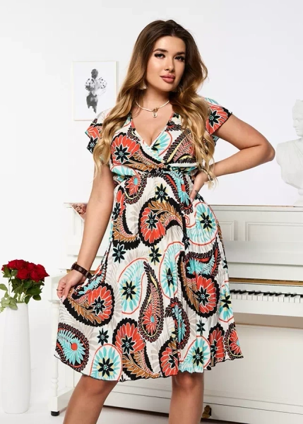 Women's white and black knee-length dress with print- Clothing