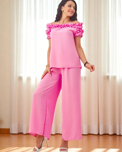 Royalfashion Women's set with an off-the-shoulder blouse with short sleeves and decorative neckline, and flared pants