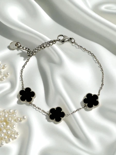 Callisto Nero Stainless Steel Bracelet with Flower Motif