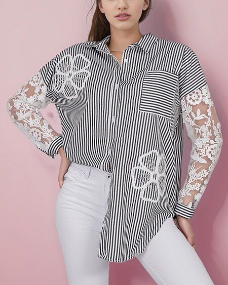 Royalfashion Women's striped shirt with lace
