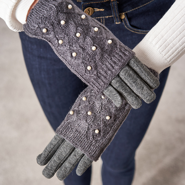 Dark gray women's mittens with pearls - Mittens