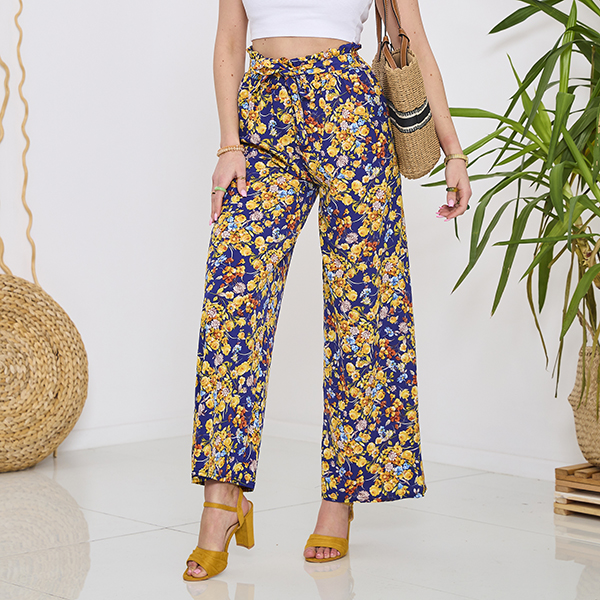 Women's blue palazzo pants with navy blue flowers- Clothing