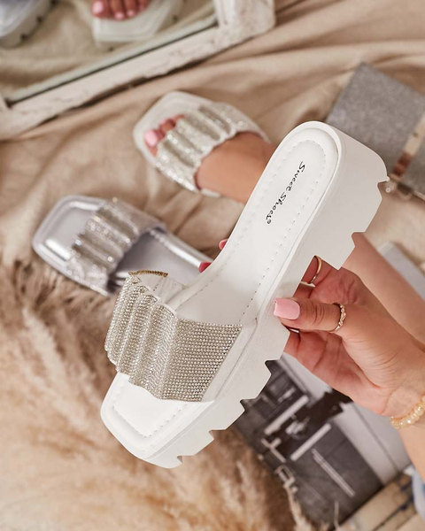 White women's slippers with cubic zirconia Emkoy - Footwear