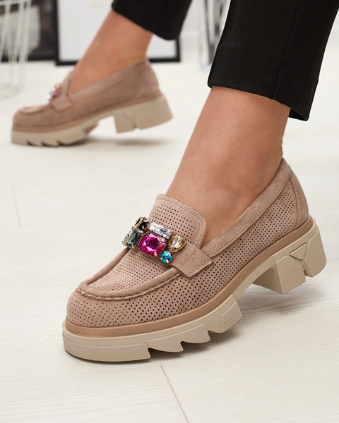 Light brown openwork women's moccasins with ornament Bokkso- Footwear