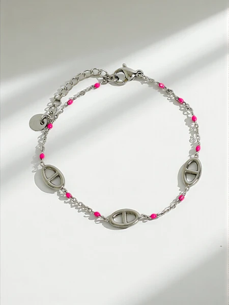 Callista Elegantia bracelet with links and pink beads, surgical steel