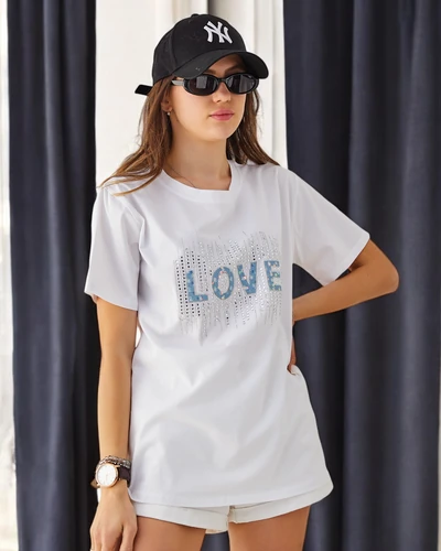 Royalfashion Women's Cotton T-shirt LOVE with rhinestones